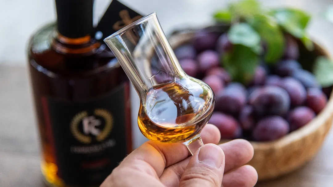 Degustacija rakije u čaši uz flašu i šljive